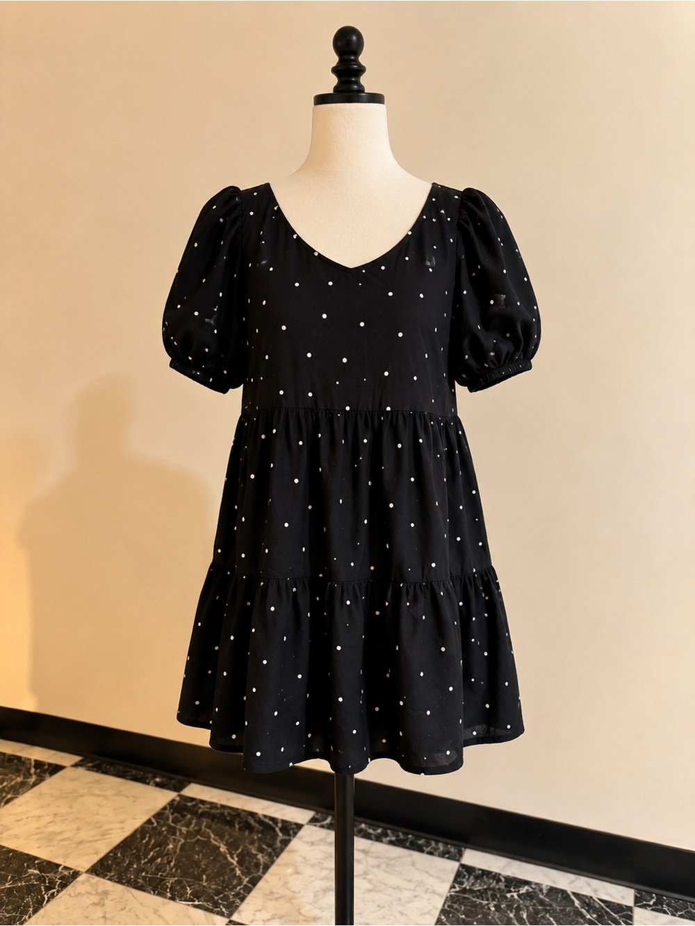 LOFT Black Mini Dress with White Polka Dots